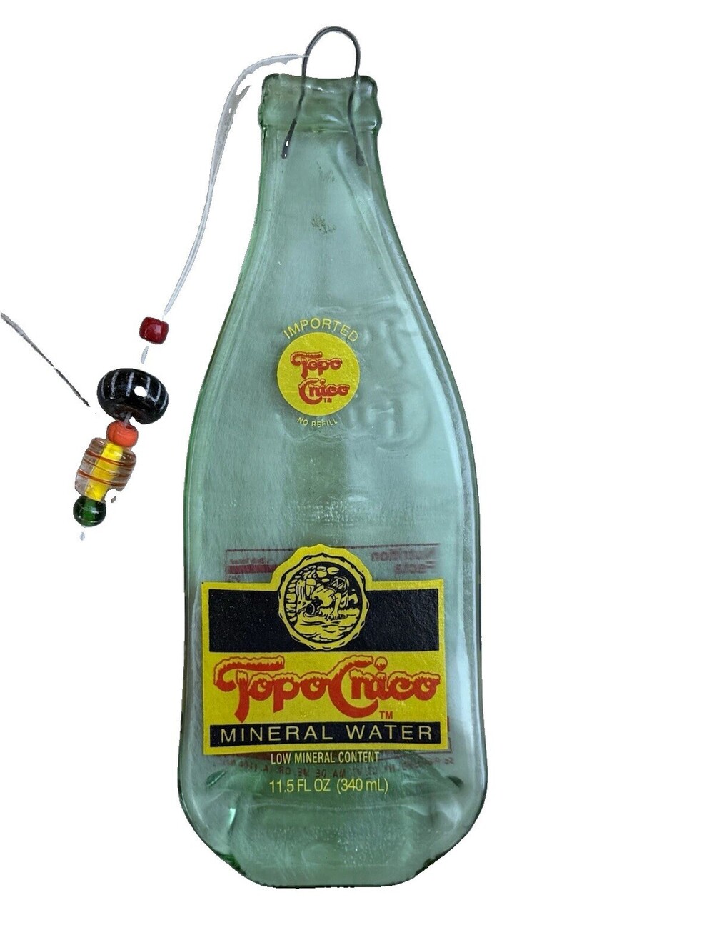 Topo Chico 11.5 Oz Flattened Glass Bottle Ornament Wall Decor Beads Vintage 10”